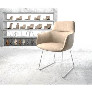 Esszimmerstuhl Pejo-Flex Mikrofaser Beige Vintage Kufengestell Edelstahl Taschenfederkern - Beige, Silber