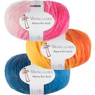 Viking Alpaca Bris Multi 322 Indhold: 42% Baby Alpaca, 33% Merinould, 25% Nylon Vægt/længde: 100 g = 270 meter Anbefalede pinde: 5-7 mm Strikkefasthed: 10 x 10 cm = 15-16 m Vask ved max 30°C / Tørres fladt.