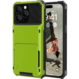 iPhone 15 Hybrid Plastik Håndværker Bagside Cover m. Kortholder - Grøn