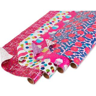Amerikanske hilsener reversibelt indpakningspapir til mors dag F?dselsdage og alle lejligheder blomster cupcakes og polka prikker (4 ruller 120 k