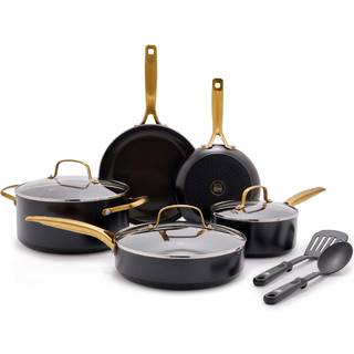 Blå diamant guld 10 stykker Kogegraver og pander sæt induktion Egnet diamant infunderet PFA'er og PFOA-fri keramisk nonstick holdbar metal redska