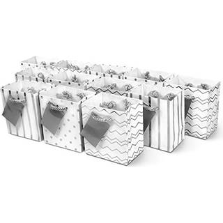 Mini Giftposer - 12 Pack Ekstra sm? forskellige udskrivning Metallisk s?lv- og hvidpapirposer med h?ndtag Bulk sm? gaveposer til f?dselsdagsfest