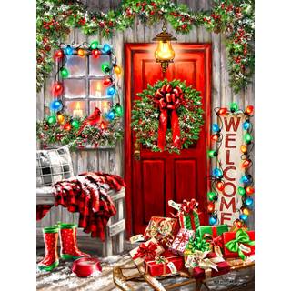Springbok Home for the Holidays 500 Piece Jigsaw Puzzle - Färgglad illustration av Red Cabin Door dekorerad för semestern