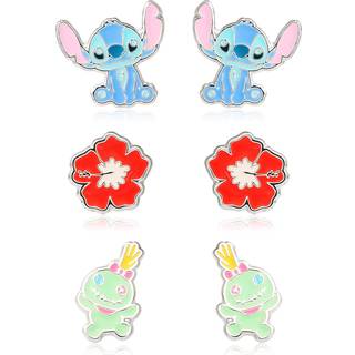 Disney Lilo & Stitch 3-par sølvbelagte stiftøreringe-sæt - Stitch, Hibiscus & Scrump (Officielt licenseret)