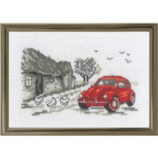 Broderikit Den røde bil R5794 15 x 10 cm Broder selv den charmerende røde bil. Dimensioner: 15x10 cm. Korssting og stikkesting i ét sæt. Aida stof med 6,4 tråde pr. cm. Farverigt design med 7 DMC tråde.