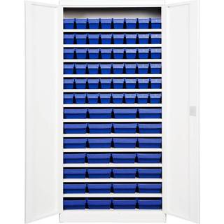 Opbevaringsskab med 76 blå kasser 1980x980x470mm, lys grå døre