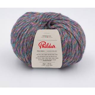 Phildar Disco Champagne Indhold:34% Bomuld, 34% merinould, 17% polyester, 15% polyamid Vægt/længde:50 g = ca. 150 m Anbefalede pinde:5 mm Strikkefasthed:10 cm x 10 cm = 17m x 25r Kan vaskes på maskine, maks. 30ºC / Tørres fladt .