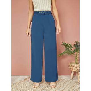 Yumi Yumi Blue Straight Leg Crepe Trousers With Belt