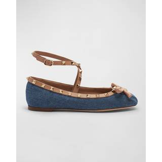 Valentino Garavani Rockstud leather-trimmed denim ballet flats - blue - EU 42
