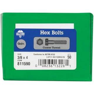 Hillman Group 811590 Hot Dipped Galvanized Hex Bolt 3/8-tommer x 4-tommer 50-pak 4 tommer Ingen farve