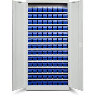 Opbevaringsskab med 104 blå kasser 1980x980x570mm, lys grå døre