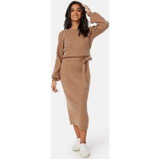 BUBBLEROOM Round Neck Rib Knitted Midi Dress  Light brown 2XL