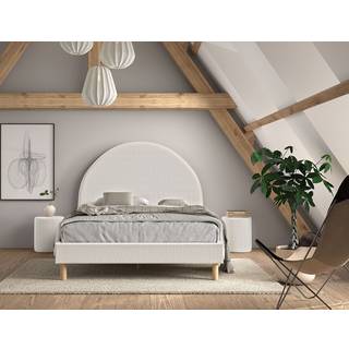 Seng med gavl 140 x 200 cm + 2 puffer – Moon, hvid bouclé