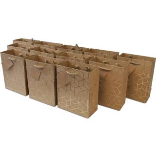 Guld gaveposer - 7,5x3,5x9 tommer 12 Pack Medium Gold Geometric Kraft Paper indk?bsposer med h?ndtag Gaveindpakning til f?dselsdage Fest favorise