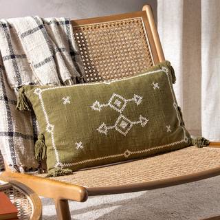 Yard Yard Khaki Green Folis Embroidered Polyester Filled 100% Cotton Cushion