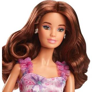 Barbie Signatur F?dselsdag ?nsker dukke samleobjekt i satiny lilla kjole med b?lget brunt h?r og gaverbar emballage