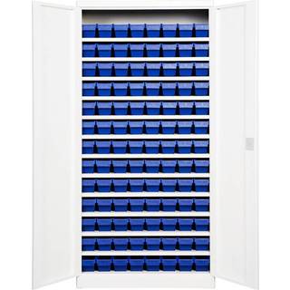 Opbevaringsskab med 104 blå kasser 1980x980x670mm, lys grå døre