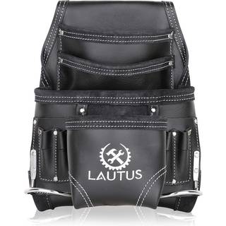 Lautus Oil Tanned Leather Tool Pouch Bag | Svart | Carpenter Construction Framers Handyman | 10 fickor 2 hammarhållare | 100% läder