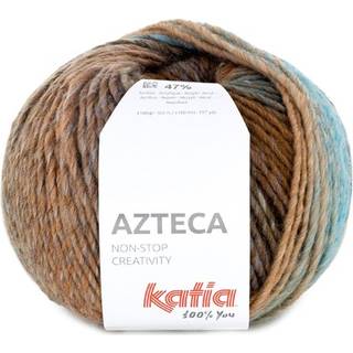 Katia Azteca 89 Brun-blå-ecru Indhold: 53% uld, 47% akryl Vægt/længde:100 g = 180 meter Anbefalede pinde: 5-5.5mm Strikkefasthed:10 cm x 10 cm = 17 m x 23 r Vask: Finvask 30º / Tåler ikke tørretumbling.