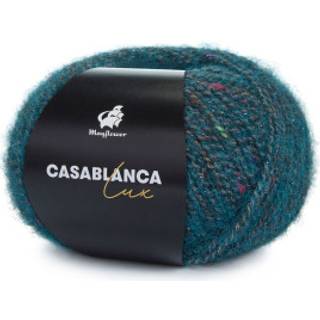 Mayflower Casablanca Lux 10 Petroleumsblå Indhold: 28% polyakryl, 27% alpaka, 13% uld, 13% bomuld, 10% polyamid og 9% polyester Vægt/længde: 50g= ca. 225 meter Anbefalede pinde: 3½-4 mm Strikkefasthed: 18 masker x 27 rækker Vaskes i hånden, tåler ikke blegning eller tørretumbling, tørres fladt.