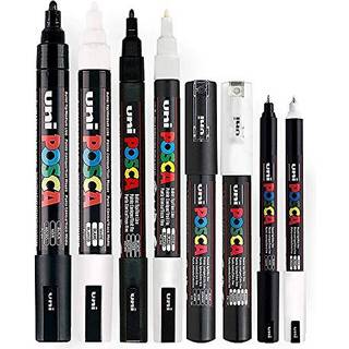 Posca sort / hvid-fint til medium s?t med 8 kuglepen pc-5m pc-3m pc-1m pc-1MR