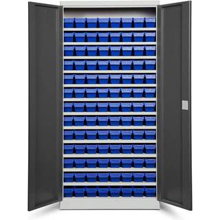 Opbevaringsskab med 104 blå kasser 1980x980x670mm, antracit døre