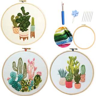 Highkick Embroidery Starter Kits til voksne Begyndere med stemplet m?nster Embroidery Floss + N?le + Hoop Cactus Series 3 Pack