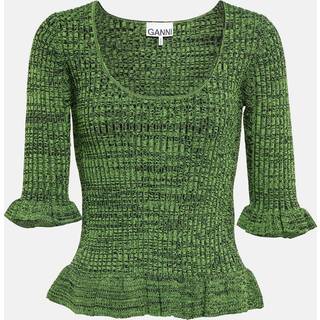 Ganni Ruffle-trimmed ribbed-knit sweater - green - XXS