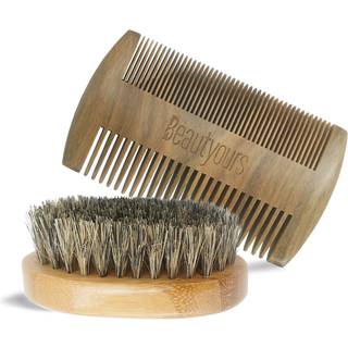Skægbørste kit Boar Bristle Brush og Sandalwood Cam med opbevaringspose til mænd Fin og grove tænder Dual Brush til bart anti-statisk