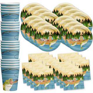 Borte fiskeri f?dselsdagsfest forsyninger s?t plader servietter kopper bords?jss?t til 16