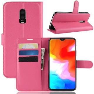 OnePlus 6T mobiletui i kunstlæder med Litchi overfalde og kortholder - Rosa