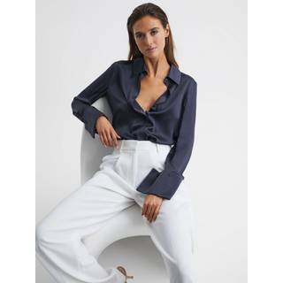 Reiss Reiss Navy Hailey Silk Double-Cuff Button-Through Shirt
