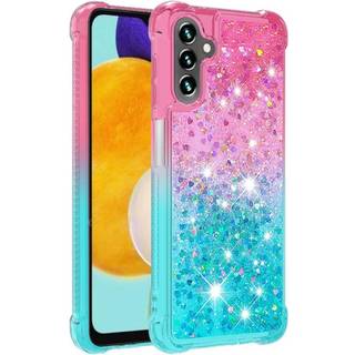 SKALO Samsung A34 5G Kvicksand Glitter Hjerter TPU Cover - Pink-Turkis