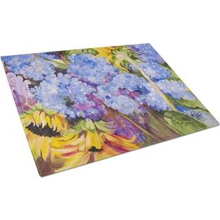 Carolines skatte JMK1119LCB HYDRANGEA OG SUNFLOWERS GLASSKÆRLEBORD STOR Dekorativt tempereret glas Køkkenskæring og serveringsplade Stor i stor s