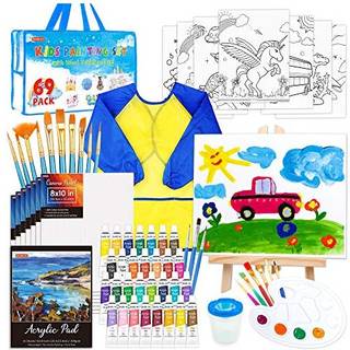 69 Pack Kids Paint Suttle Art Art Set til b?rn med 30 farver Akrylmaling Wood Easel Canvas Maling Pad Bruses Palette og Smock Komplet malingss?t