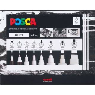 Uni Posca 8-tip akrylmalingsmark?r s?t hvidt ikke-giftigt ACMI-certificeret giver dig mulighed for at farve p? enhver overflade, ideel til graffi