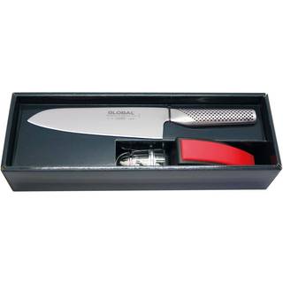 Global G-46220BR Starterset 2-teilig mit Santoku G-46 & minoSharp Schleifer 220BR - Rot,Schwarz,Silber