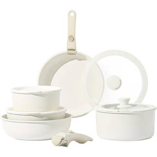 Carote 11st Pots and Pans Set Non Stick Cookware Set Löstagbart handtag Induktion RV Kök Set avtagbart handtagsugn Safe Cream White