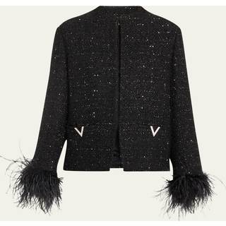 Valentino Feather-trimmed tweed jacket - black - XXXS