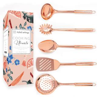 Rose Gold kobberbelagt 5-delt køkkenredskabssæt: spatel, spatel med huller, øse, skimmer, serveringsske, pasta-server