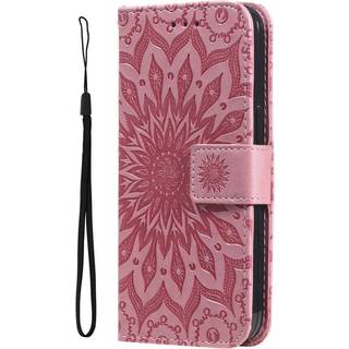 iPhone 15 Pro Læder Flip Cover m. Pung og Strop - Mandala Blomst - Blå