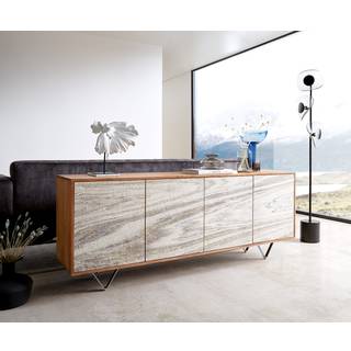 Sideboard Kleo 175 cm Akazie Natur 4 Türen V-Fuß Edelstahl - Natur, Silber