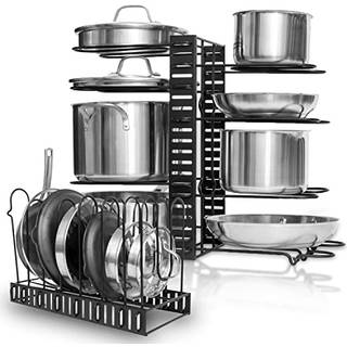 GEEKDIGG Justerbare gryder og PANS -arrangør - 8 Tier Alsidile Kitchen Pot Rack til tæller og kabinet - Nem opsætning 3 DIY -installationsveje Ru