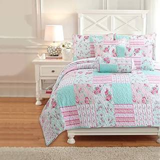 Hyggelige linje hjem mode blomstrer blomsterblå rose Spring reversible quilt sengetøj Set Coverlet Bedning letvægt til alle sæsoner (Pink Garden