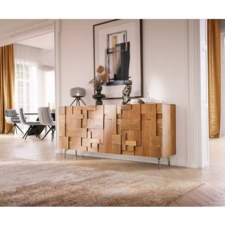 Sideboard Puzzle 175 cm Akazie Natur 3 Türen Winkelfuß Edelstahl - Natur, Silber