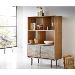 Highboard Juwelo 88x135 cm Akazie Natur mit Steinfurnier - Natur, Forest Fire