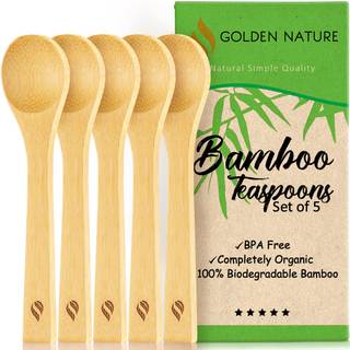 Golden Nature Bamboo Spoon Set (5 pc) Lille køkken teskefulde små træskeer perfekt til sukker krydderier krydderi kaffe syltetøj urter honning og
