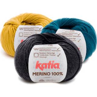 Katia Merino 100% 075 Aqua Indhold: 100% superwash merinould Vægt/længde: 50 gram = ca. 102 meter Anbefalede pinde: 4-4.5 mm Strikkefasthed: 10 cm x 10 cm = 23 m x 30 p Vask: Maskinvask ved 30ºC / Kan tørretumbles.