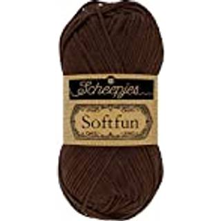 Scheepjes Softfun 2623 Chocolate Indhold: 60% Bomuld / 40% Akryl Vægt/længde: 50 gram = ca. 140 meter Anbefalede pinde: 3.50-4.00 mm Strikkefasthed: 10 cm = 21 x 30 m Maskinvask / Skåneprogram max 30°C.