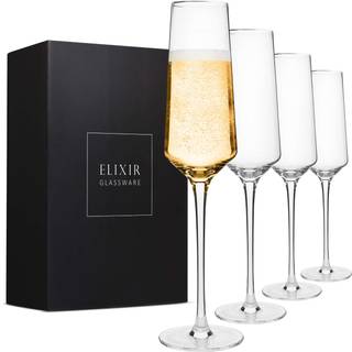 Elixir GlassWare Classy Champagne Flutes - Hand Blown Crystal Champagne Glasses - Sæt med 4 elegante fløjter - gave til bryllupsdag jul - 8oz kla